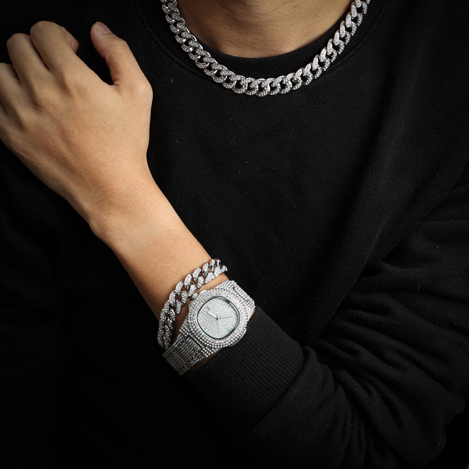 HALUKAKAH Diamante Reloj de Oro Hombres,Chapado en Oro Real de 18k/Platino Plateado en Oro Blanco Pulsera Cuarzo 24cm,con Pulsera Cubana 20cm,Diamante de Laboratorios,Gratis Caja de Regalo