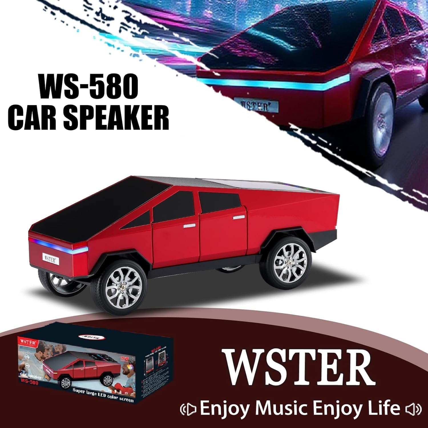 WS-580 Pickup Truck Replica Portable Bluetooth Speaker,with Display Screen,HD Sound, TWS Pairing, FM Radio,Built-in Microphone Hands-Free Calling, LED Party Light,Surprise Gift for Car Lovers (Red)