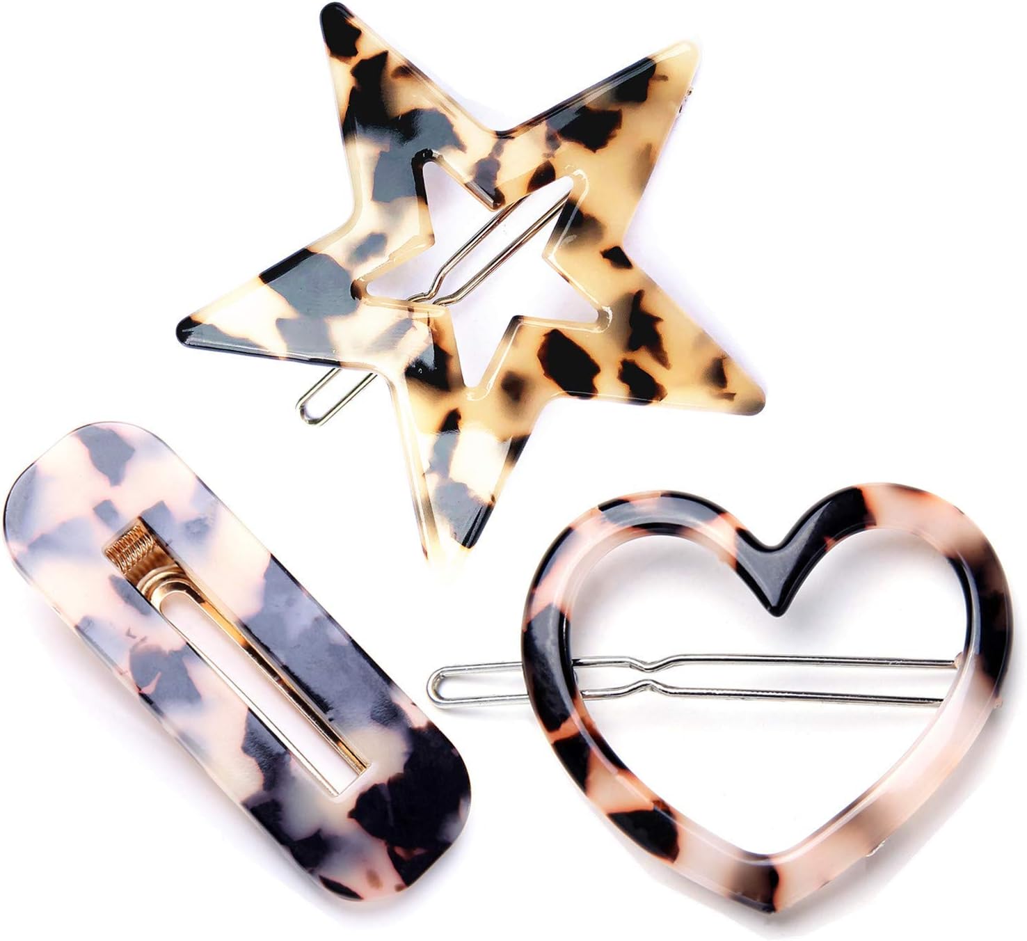 3 Pack Acrylic Tortoise Shell Resin Hair Clips Retro Classic Brown Heart Star Barrettes Hair Pins for Women Girls
