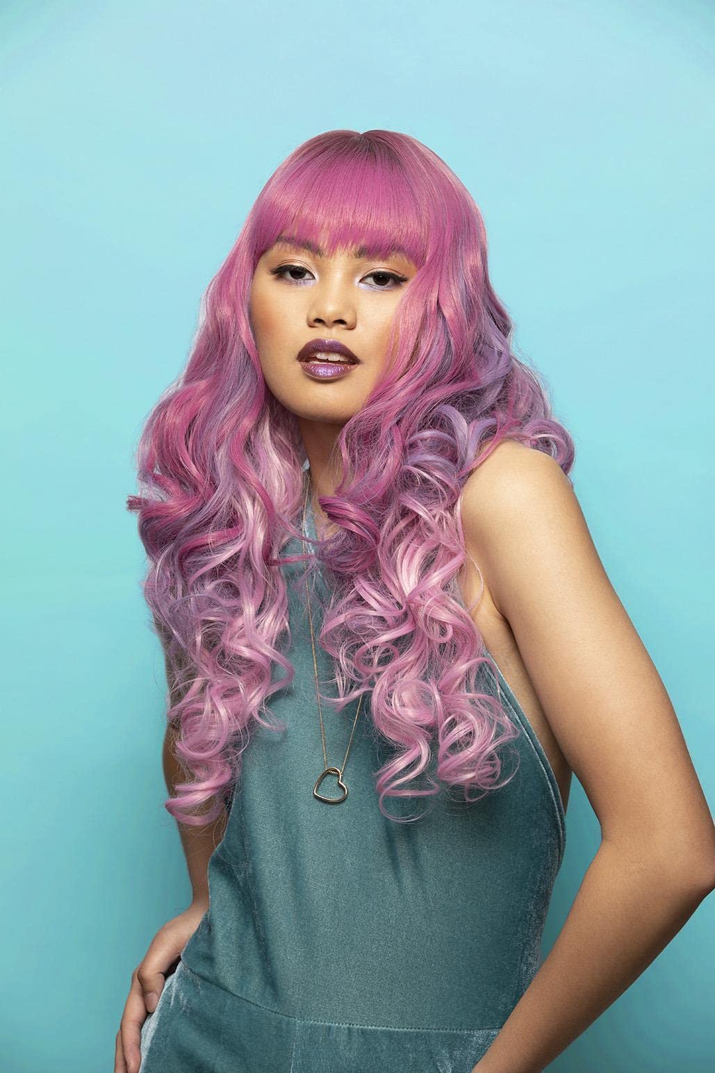 SmiffysOfficial Manic Panic® Dusky Jewel™ Siren™ Wig, Long Curled Ends Wig, Heat Styleable with Adjustable Cap, in Pink Ombre Curls and Flowing Design. Pre-styled wig