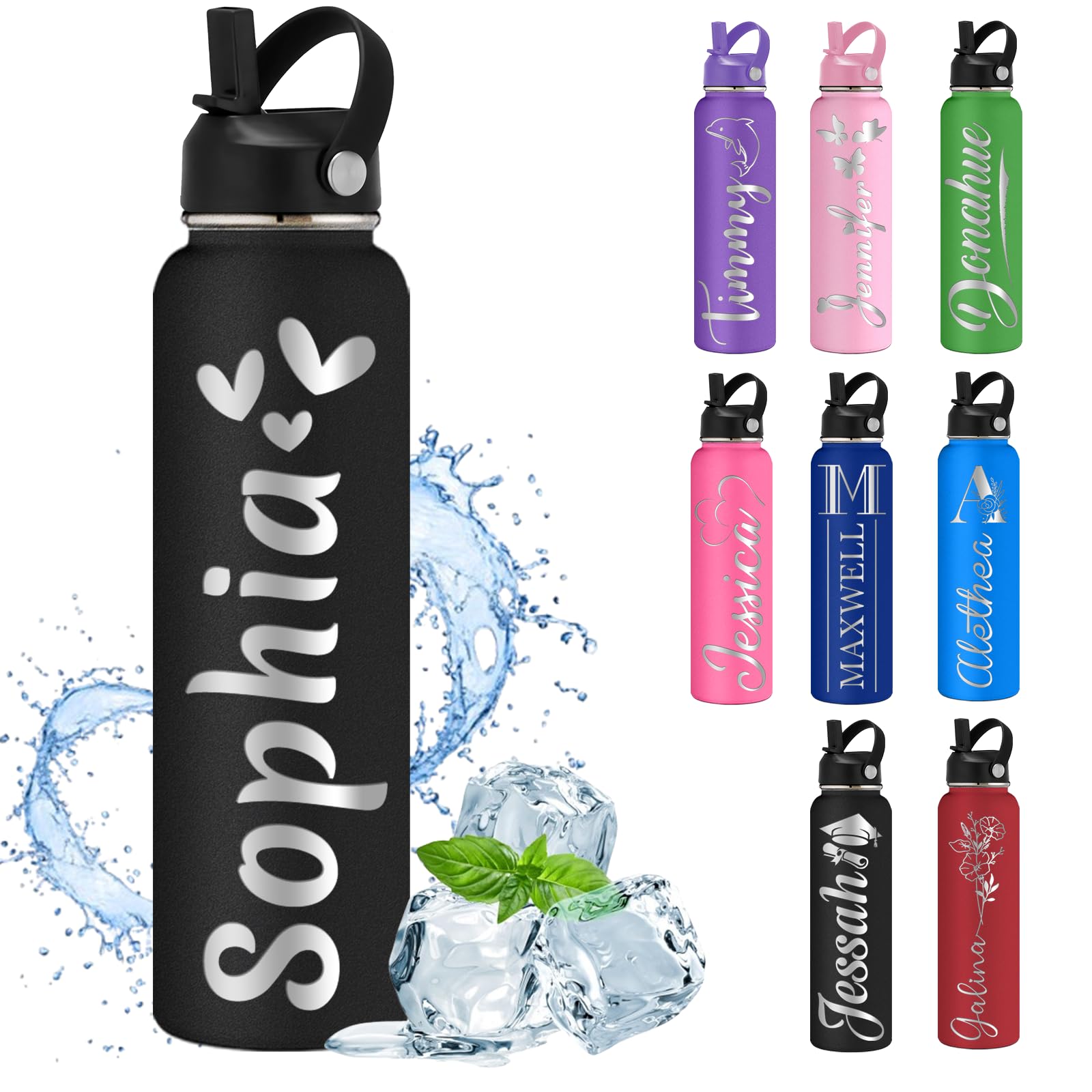 Custom Water Bottle Personalised Water Bottles with Straw Lid Name Engraved Insulated Stainless Steel Bottles for School Customised Double Wall 12 18 24 32 40 oz