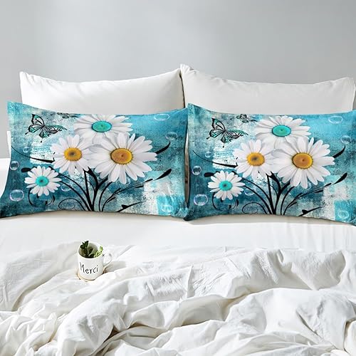 Miniatura 4 de Funda de edredón de margaritas para niños y adultos, juego de ropa de cama de pintura al óleo verde azulado, tamaño King, funda de edredón rústica
