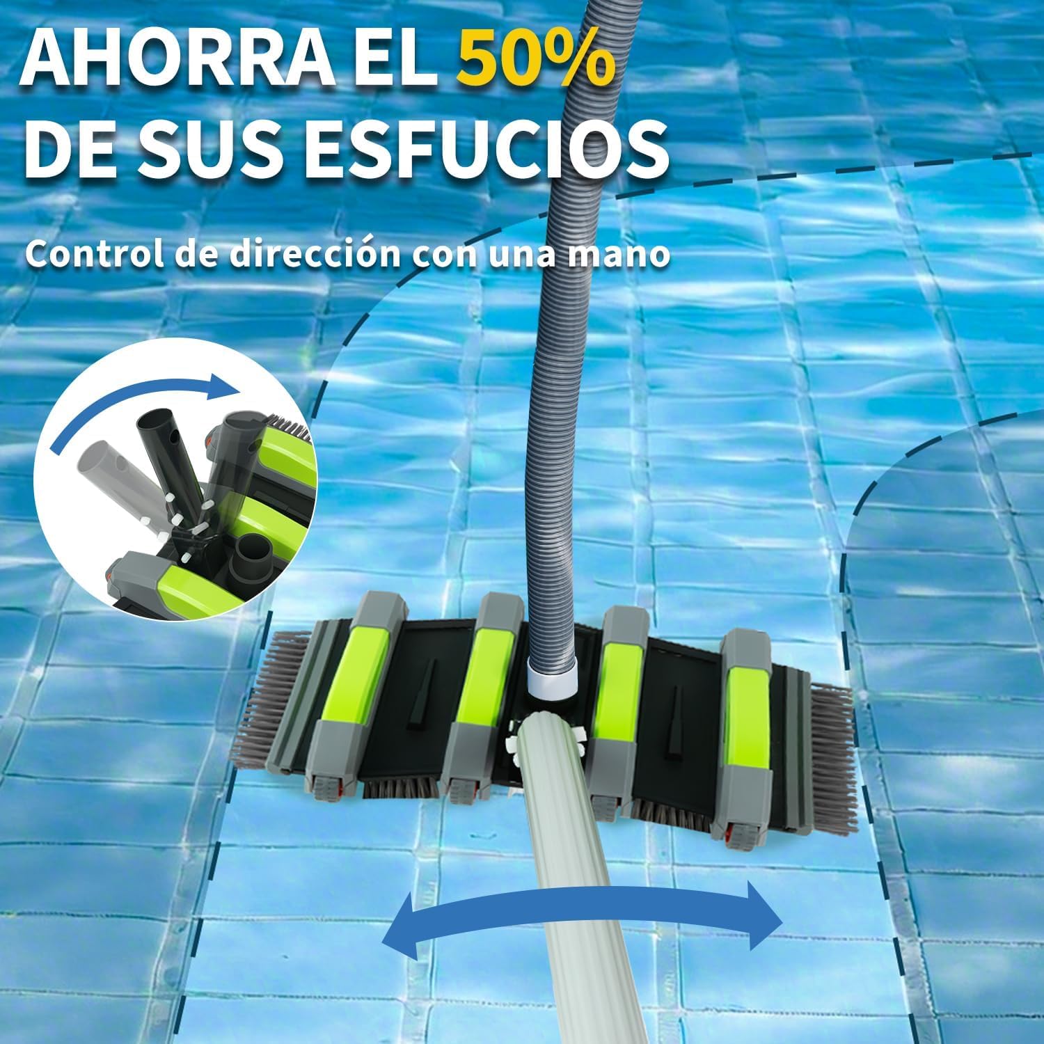 Cepillo Aspirador Piscina 45 cm con Ruedas, Cepillo Aspirador para Piscina con Conexión de Succión, Cepillo Limpiafondos Piscina Flexible con Cepillos Laterales, Compatible con Mangueras 32 mm y 38 mm