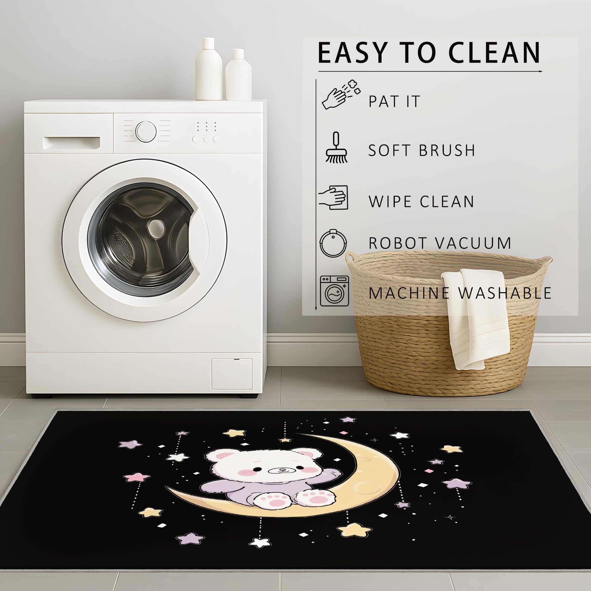 Generisch 80 x 150 cm Teppich Fantasy Cartoon Traumhaft Teppiche Mond Teddybär Schwarz Teppiche & Klettverschluss Maschinenwaschbar für Dekoration Schlafzimmer Kinderzimmer Wohnzimmer