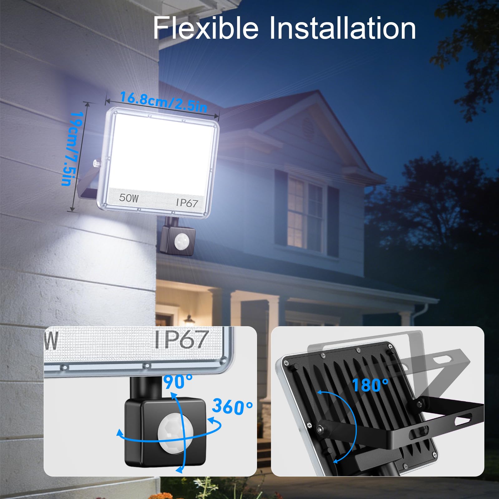 Projecteur LED Extérieur avec Détecteur,2 Pieces 50W 5000LM