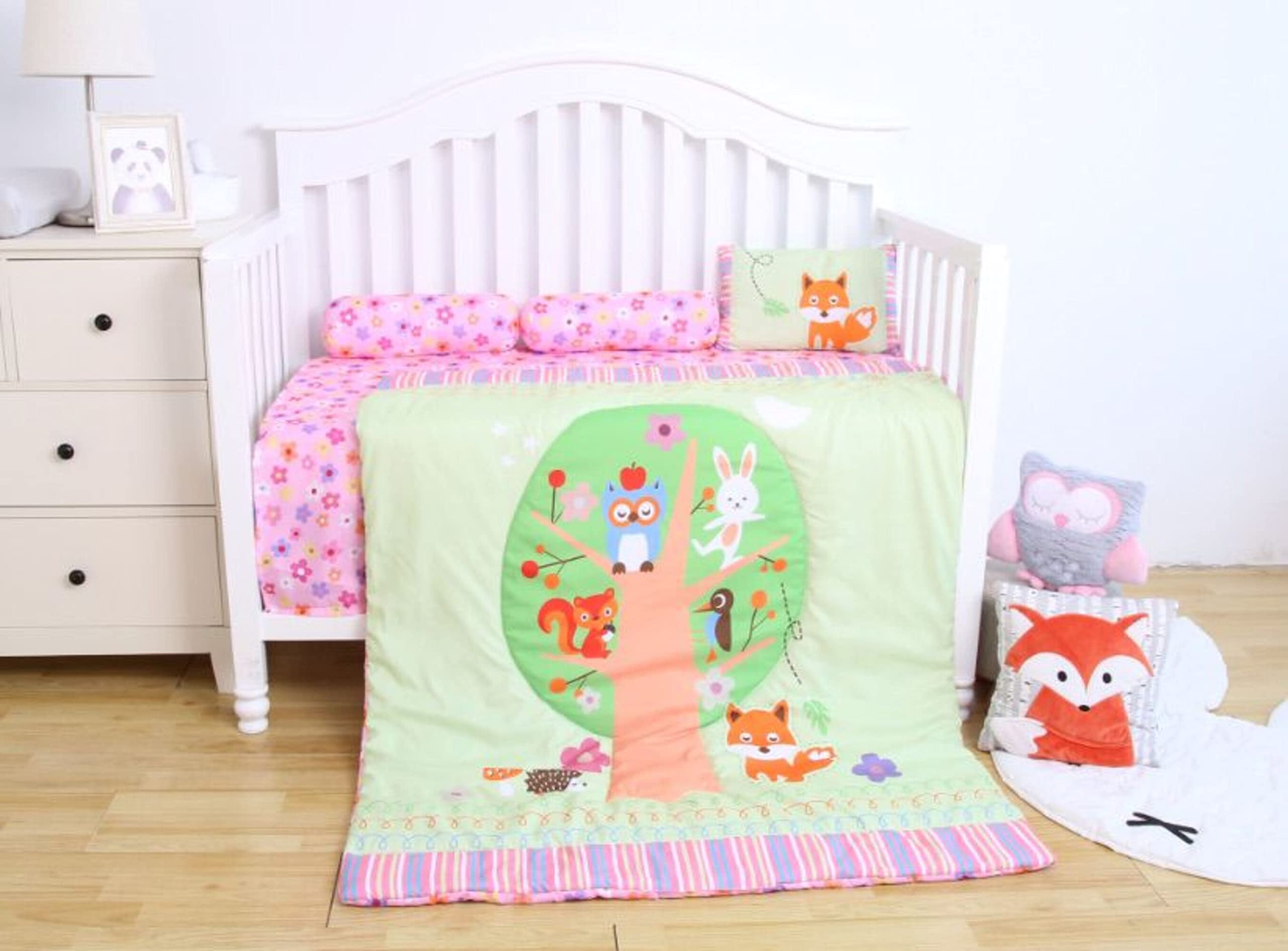 Baby 5 pcs. Bedding Set | Reversible Comforter Blanket & Bedsheet Set for (0-5 Years) | Baby Crib Bedding Set (Pink & Green)