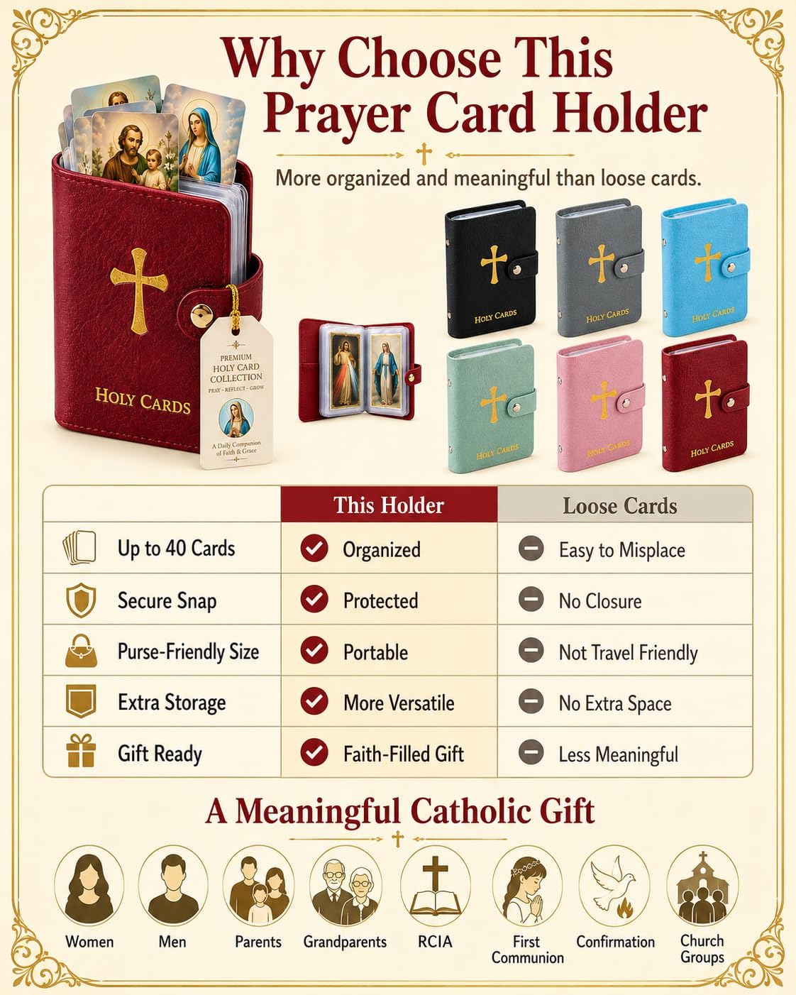 6PCS Prayer Card Holder Holy Book Athletes Catholic Bible Cases for Woman Id Organizer Carrying Rosary Pocket Genuine Faux Leather Men with 50 Sleeves Laminated Saint Album Religious