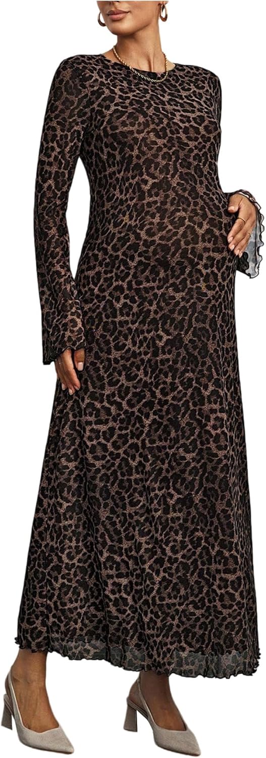 Milumia Women's Maternity Leopard Print Long Bell Sleeve Maxi Dress Elegant A Line Cocktail Party Dresses