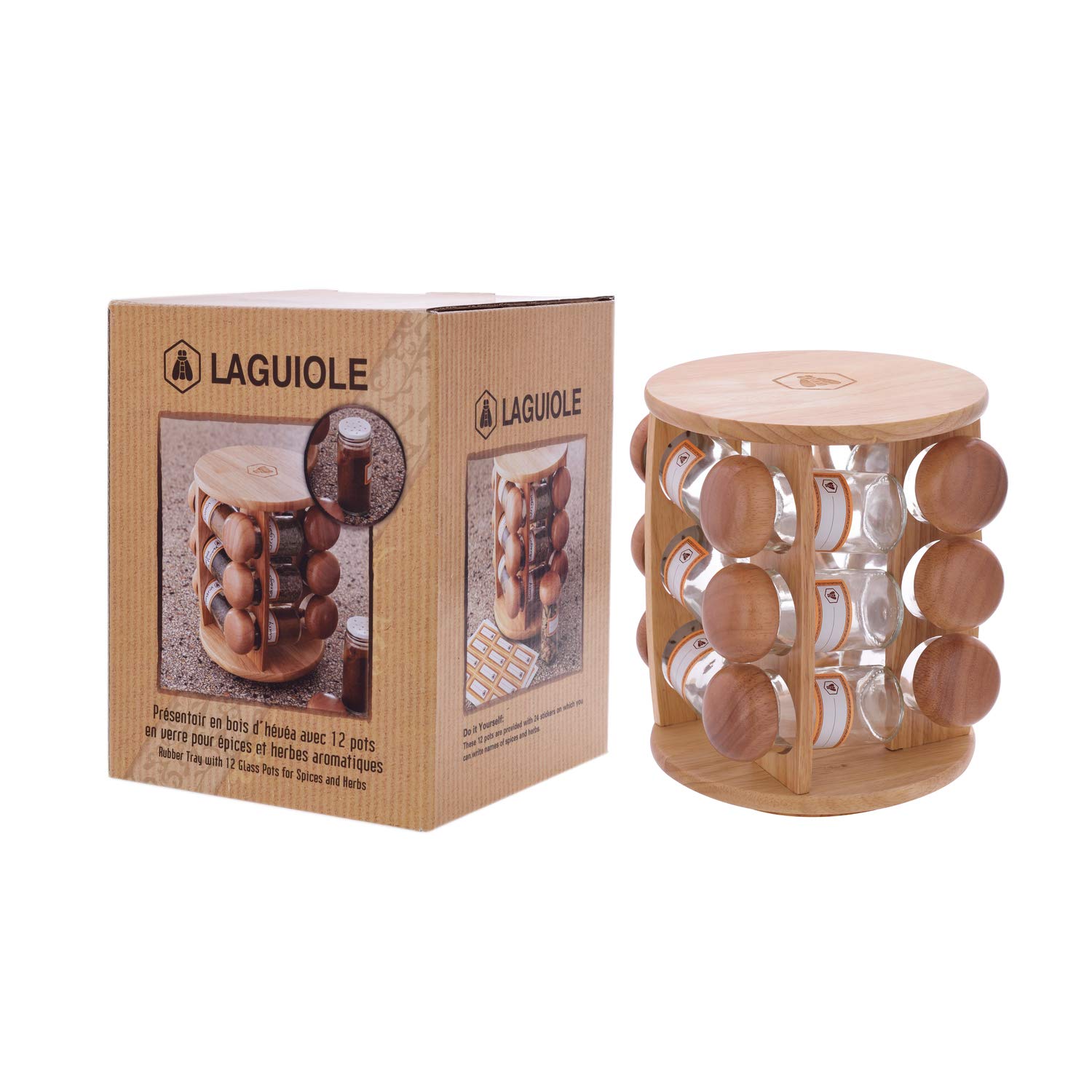 LAGUIOLE - Distributeur d'Epices - Etagère de 12 Pots en Verre- RangementsTransparents à Herbes - Couvercle Bois - 10 cl