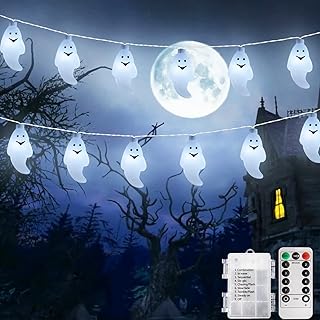 White Ghost String Lights Halloween Decorations, 30 LED String Lights with Remote Control Fairy Lights Battery Operated 8 Modes Spooky Decor for Home, Indoor, Christmas Decor