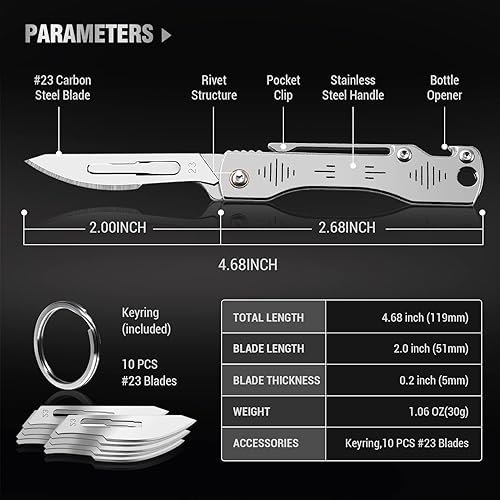 Miniatura 3 de ITOKEY Cuchillo de bolsillo para hombre, cuchillo de bisturí con clip, cuchillo de afeitar delgado, 10 cuchillas reemplazables #24, cuchillo de