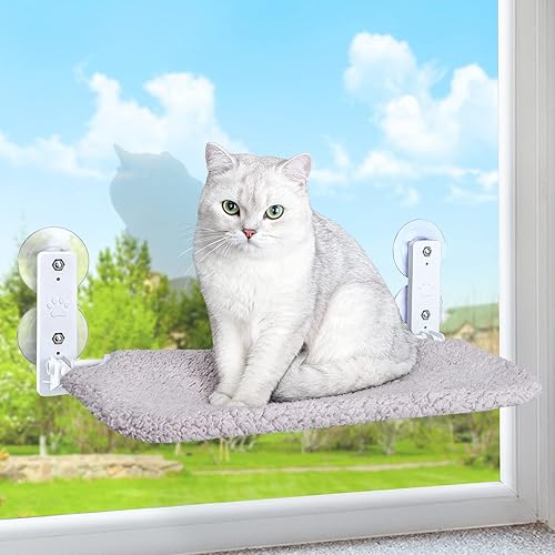 Miniatura 1 de AIPERRO Percha para ventana para gatos, hamaca plegable para gatos con tornillos y 4 potentes ventosas para 2 tipos de instalación, asiento de
