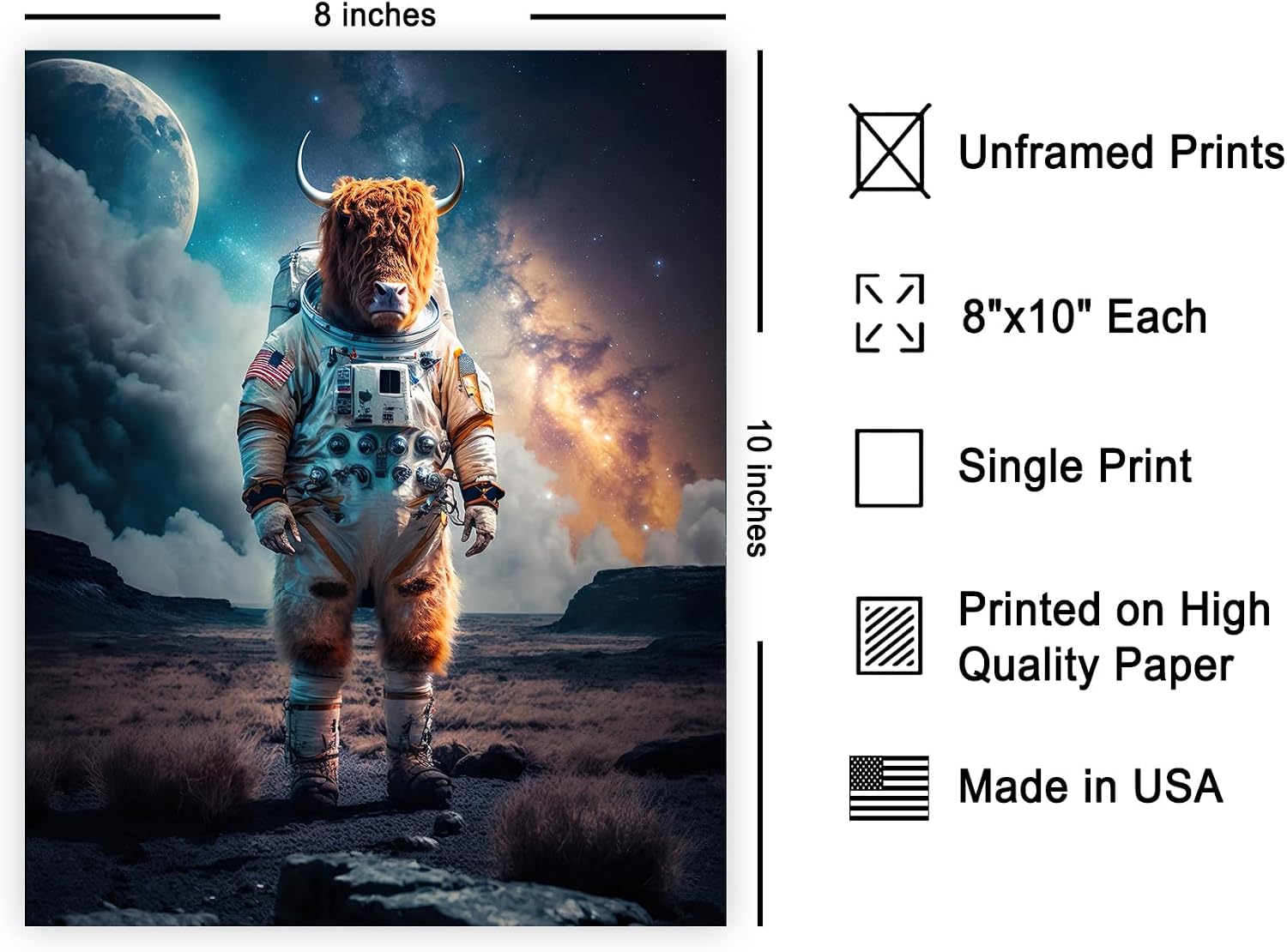 Poster Master Space & NASA Poster - Highland Cow in a Spacesuit Print - Astronaut Art - Gift for Boys, Girls & Outer Space Enthusiast - Funny Decor for Bedroom or Kid's Room - 8x10 UNFRAMED Wall Art