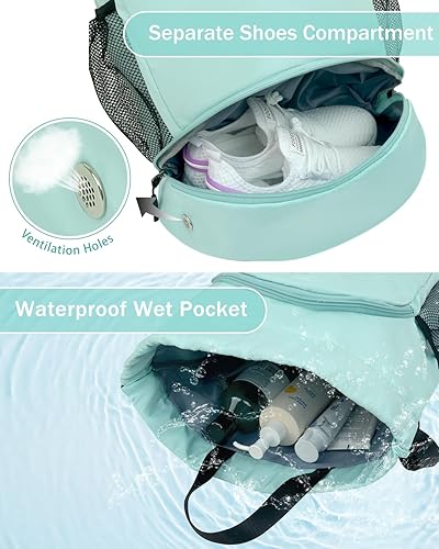 Miniatura 2 de Mochila de gimnasio con cordón y compartimento para zapatos para hombres y mujeres, bolsa deportiva con bolsillo para ropa húmeda, Verde (Mint