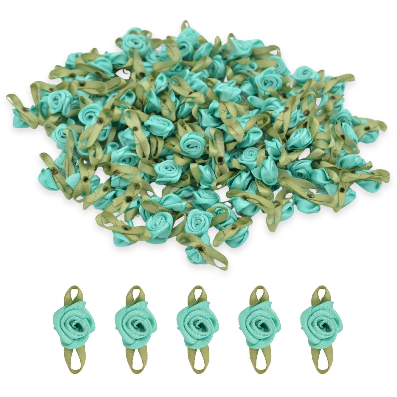 celloexpress 15mm Peacock #12 Satin Ribbon Roses with Green Leaves - Small Flower Buds - Crafts, Embellishments (Pack of 50)