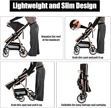 3 in 1 Baby Stroller Travel System, Foldable Pushchair, Baby Stroller 3 in 1 with Reversible Two Pushing Modes, Multifunctional High Landscape Buggy (V8 BlackGold)