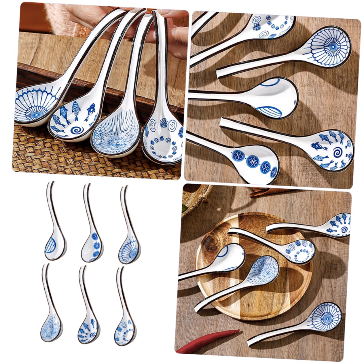 Cuillère à Soupe Chinoise en Céramique Bleu et Blanc, Lot de 6