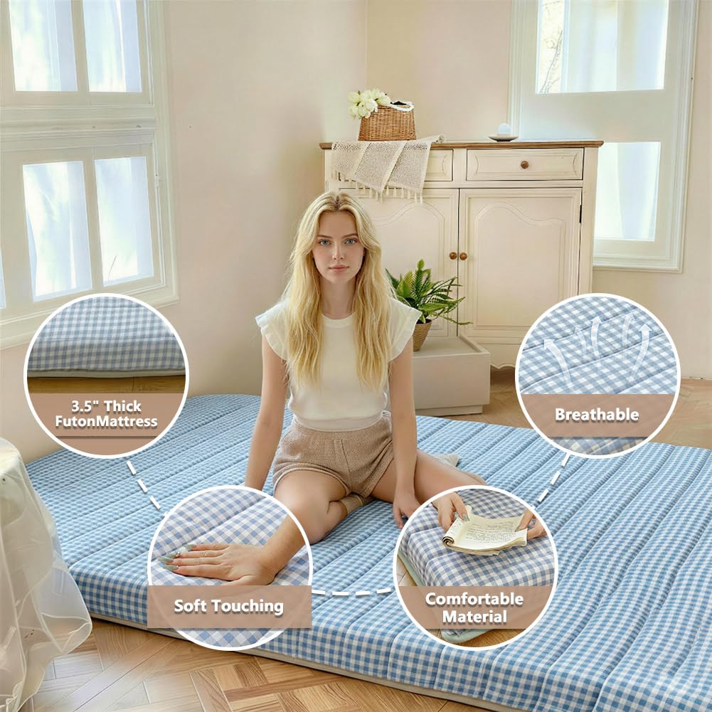 Blue Gingham Plaid Japanese Floor Mattress, 3.5