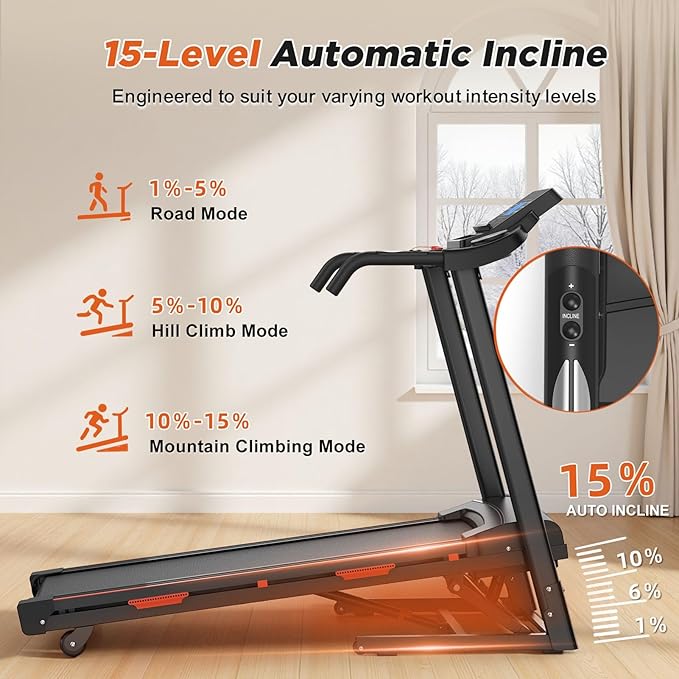 Caminadora Plegable Eléctrica con Inclinación Automática 15% y Barandilla Negra miniatura 3