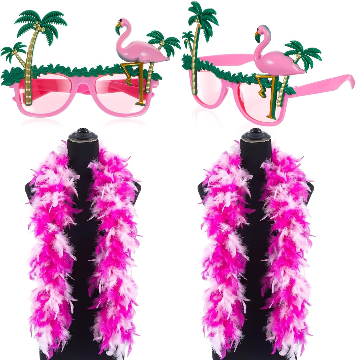 2 Sets of Flamingo Sunglasses with Pink Feather Boa Coconut Tree Novelty Eyewear Costume for Adult Hawaiian Party Tropical Beach Accessories Photo Booth Summer Dance Halloween Fancy Dress