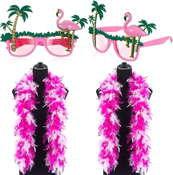 2 Sets of Flamingo Sunglasses with Pink Feather Boa Coconut Tree Novelty Eyewear Costume for Adult Hawaiian Party Tropical Beach Accessories Photo Booth Summer Dance Halloween Fancy Dress