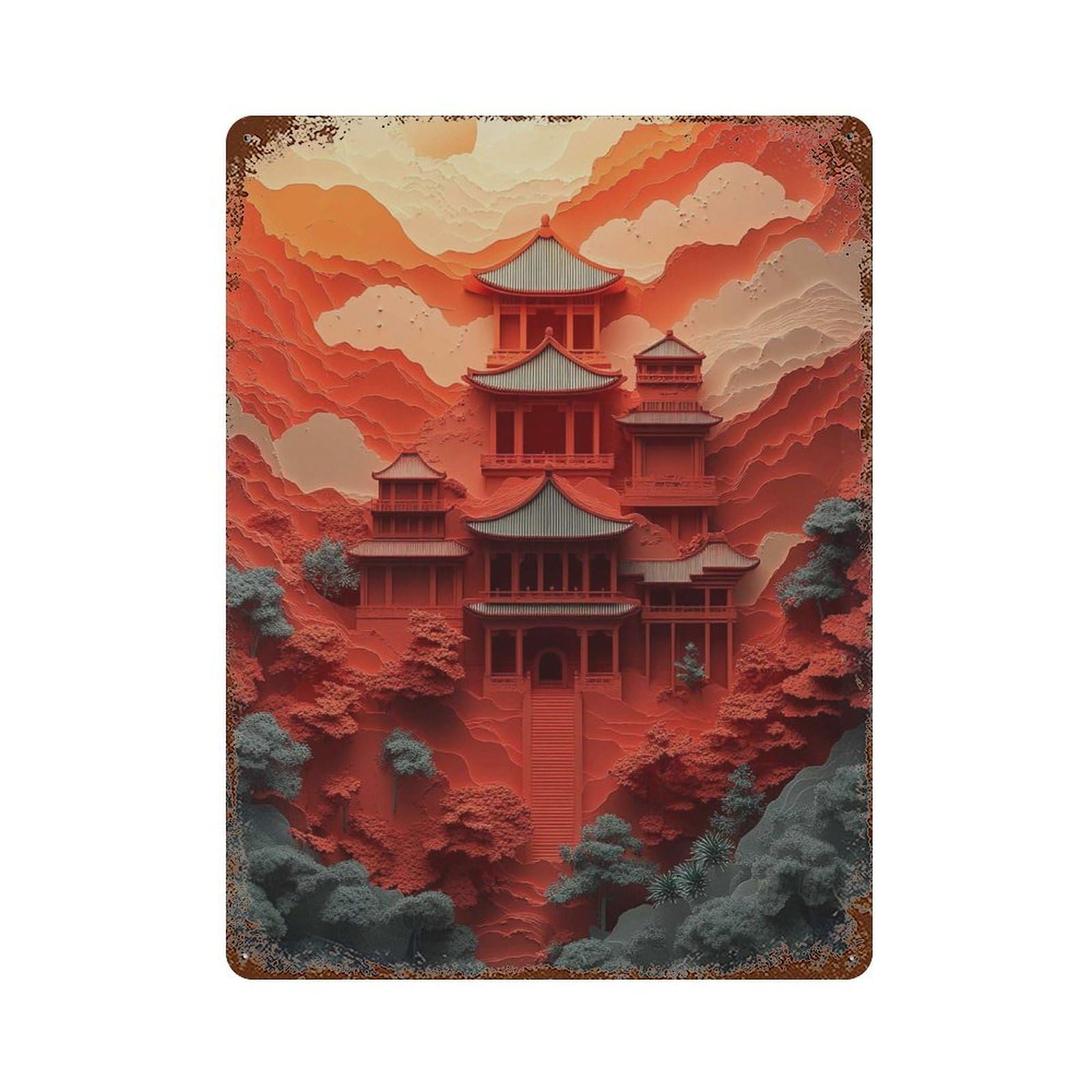 xiaoxiaoshen Red Japanese Pagoda Sunset Mountain Temple Bold Oriental Modern Wall Decor Art Metal Tin Poster Modern Home Decor Art Home Bar Shop Decorations Vintage Sign 40x30cm
