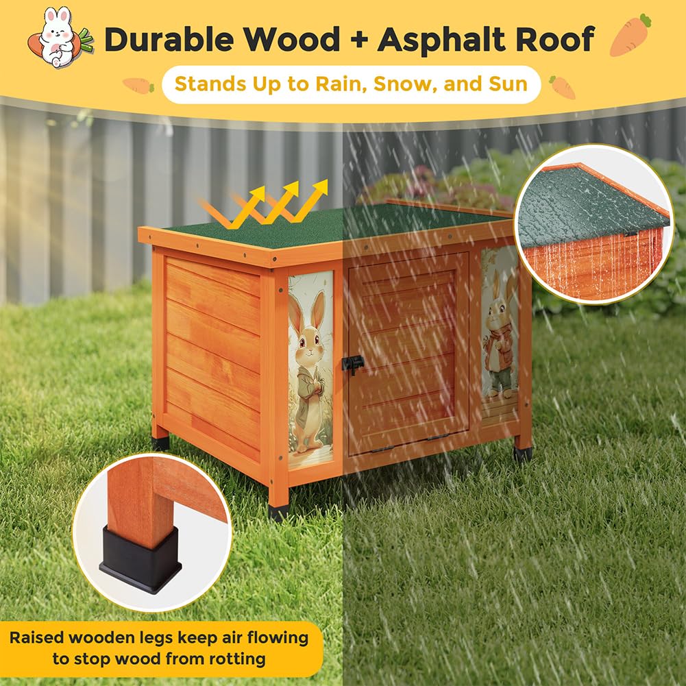 COZIWOW 24 Inch Rabbit Hutch Outdoor, Weatherproof Cat House, Bunny Cage Indoor with Non-Slip Ramp, Portable Wooden Shelter for Rabbits, Feral Cats, Chicken, Duck & Other Small Animals (Orange)​ - image 3