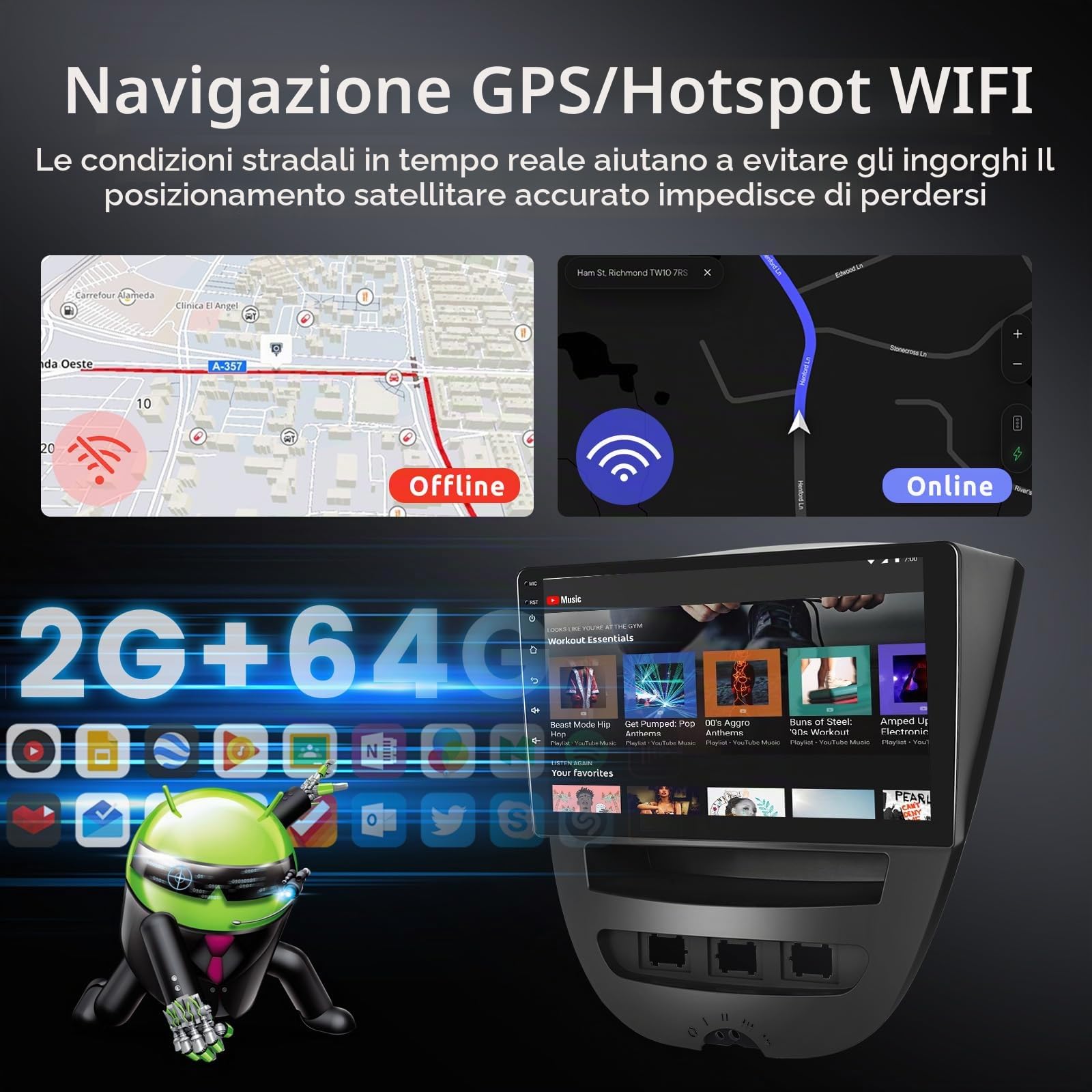 2GB 64G Autoradio per Toyota Aygo/Peugeot 107/Citroen C1 2004-2014 Android Radio Wireless Carplay Android Auto, Stereo 10 Pollici Touch Screen 2 Din Radio Navigazione GPS WiFi Bluetooth FM/RDS Hodozzy
