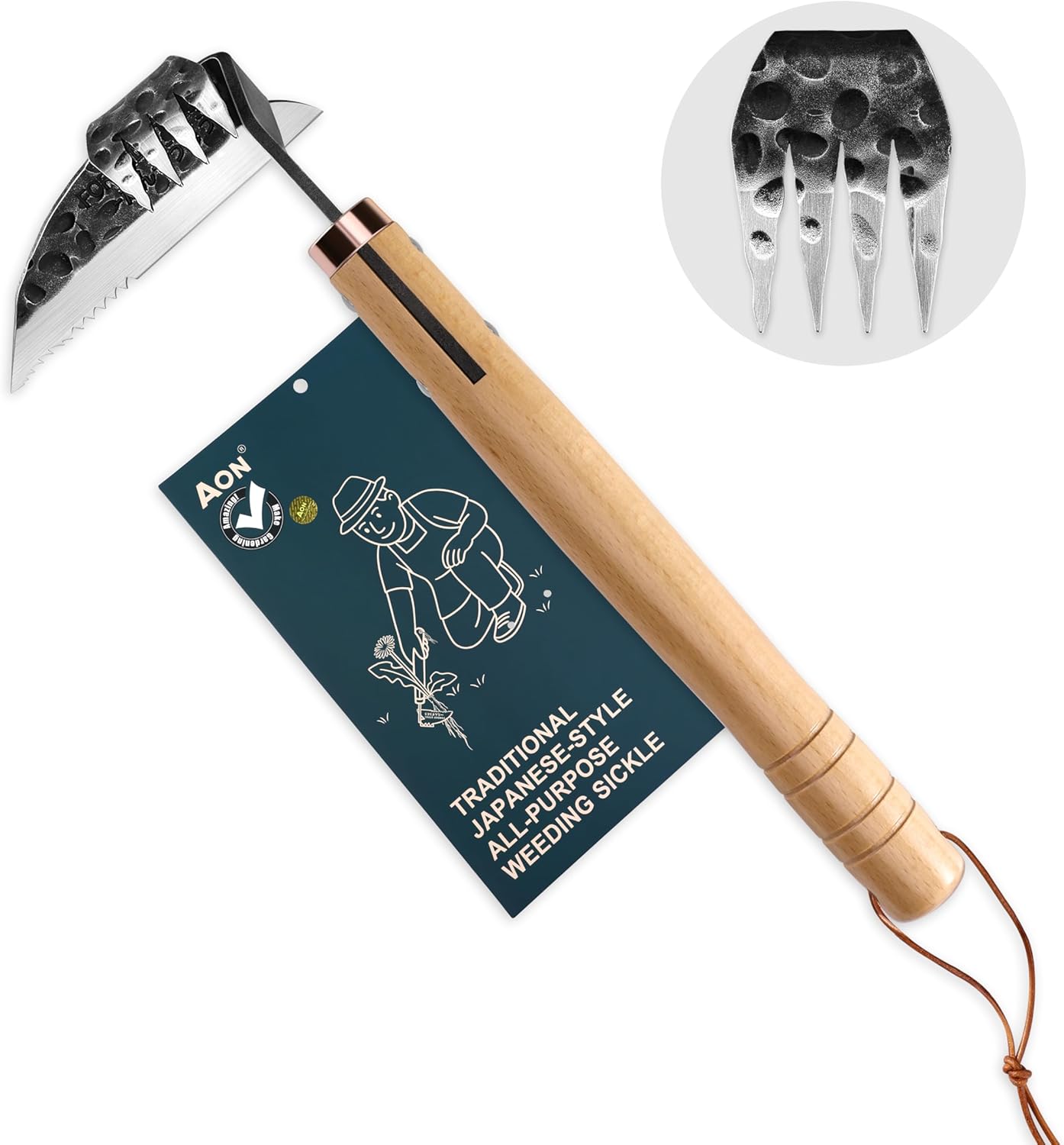 AON All-Purpose Japanese Weeding Sickle & Razor Hand Hoe, Forged Steel Weed Puller Tool with Sharp Edge & 4-Tine for Digging, Weeding, Uprooting in Vegetable Gardening, Backyard or Raised Garden Beds