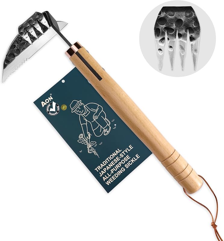 AON Japanese Weeding Sickle & Hand Hoe, 4-Tine Uprooting Garden Tool | Forged steel sharp edge, 4 curved tines & ergonomic beech handle for digging, weeding and uprooting in raised-bed gardening