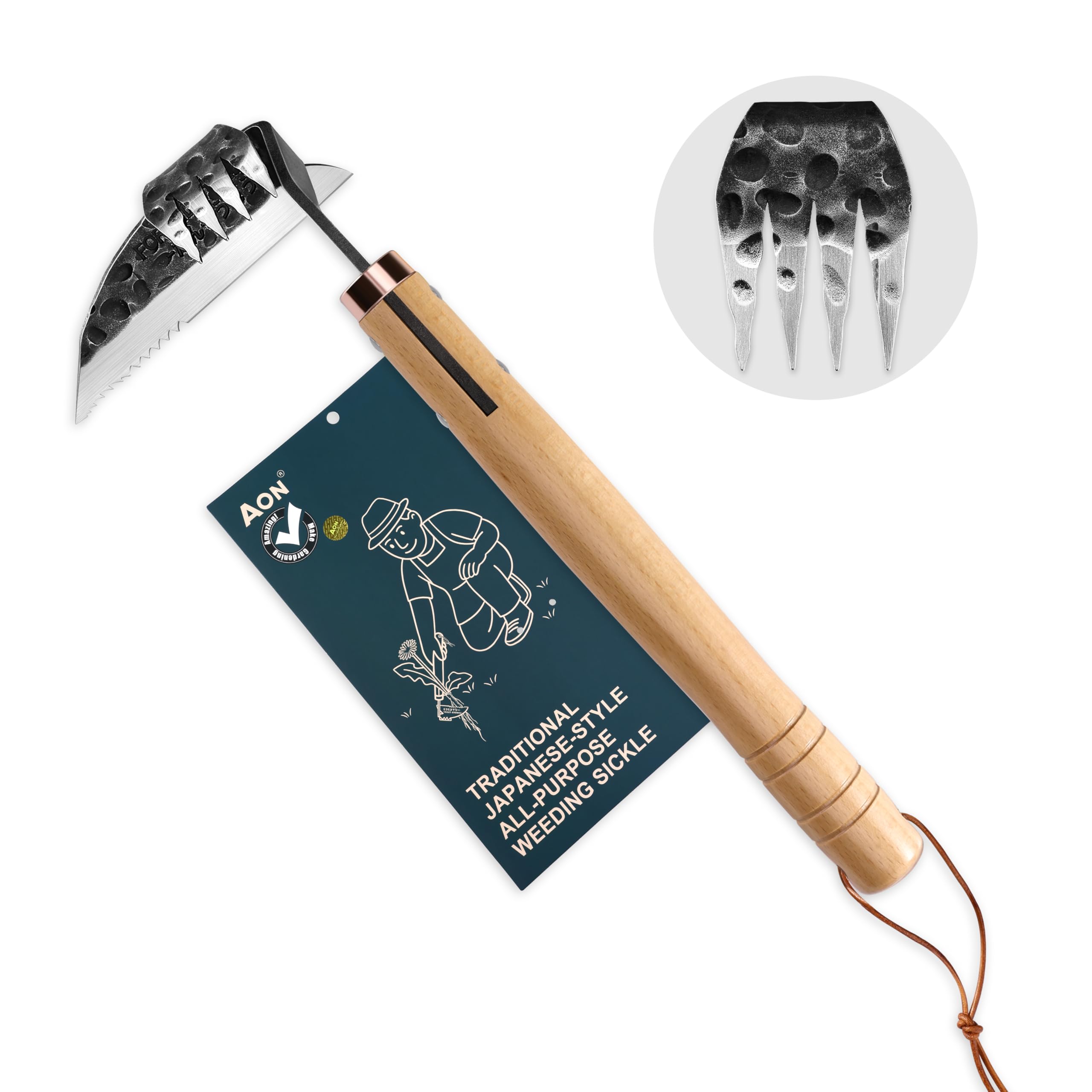aon Binette Japonaise Multifonction & Désherbeur Manuel, Double Tête en Acier Forgé avec 4 Dents et Manche Ergonomique en Bois, pour Potager, Entretien du Jardin et Plates-Bandes Surélevées