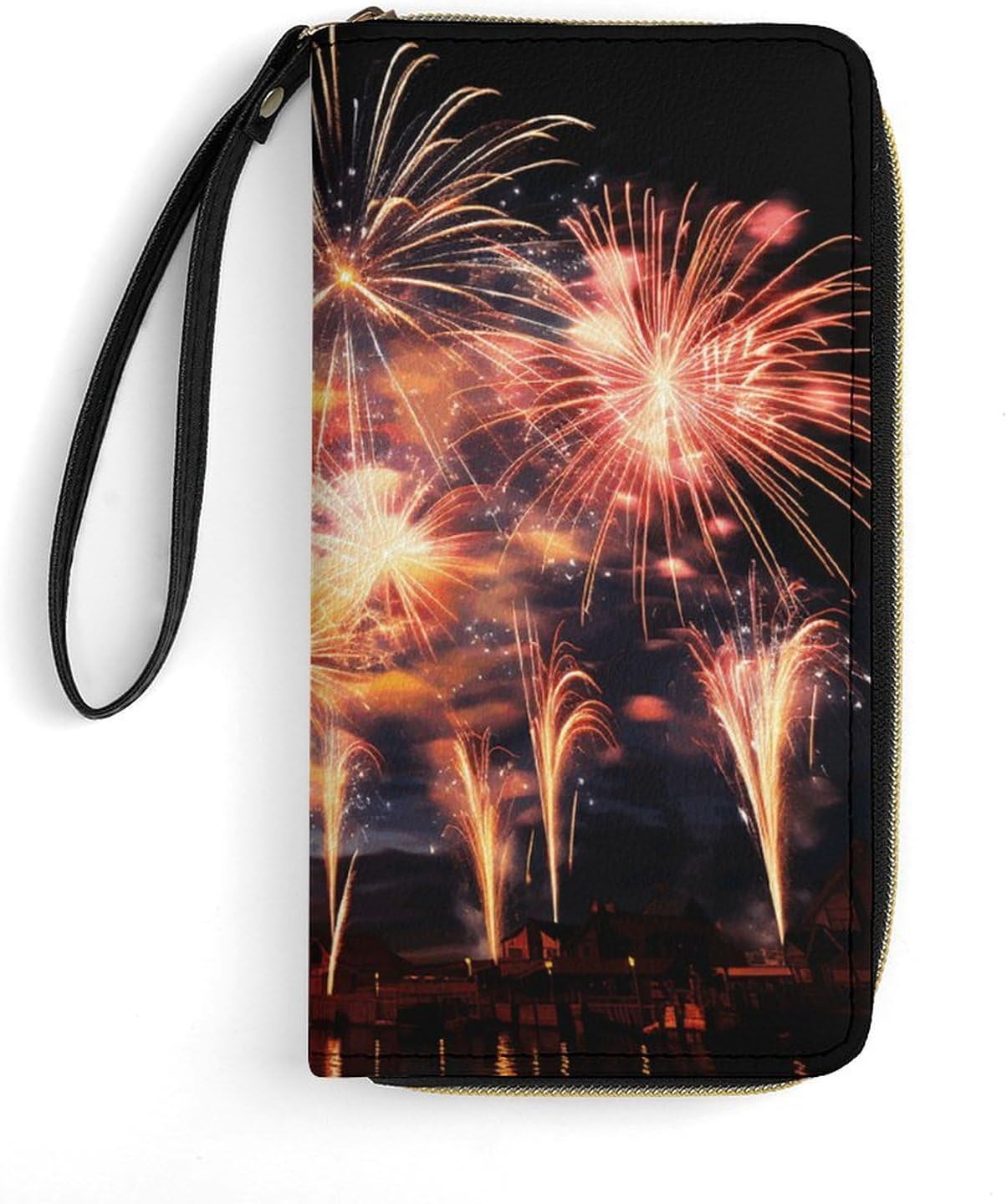 Womens Wallet Beautiful Fireworks Printed Wristlet Wallets for Women Large Capacity Credit Card Holder Ladies Phone Clutch Leather Zip Around Clutch Wallet