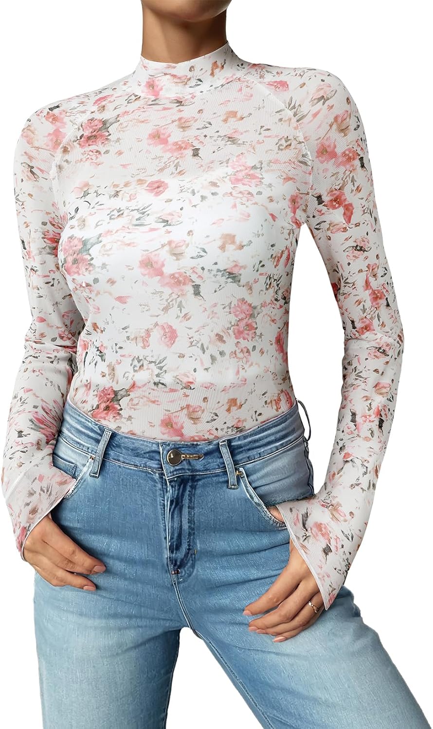 Acelitt Women's Long Sleeve Sheer Mesh Lace Blouse