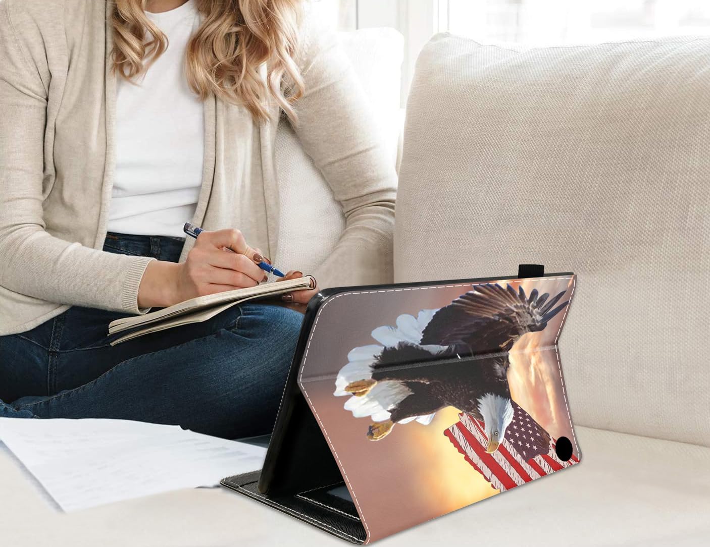 Case for Kindle Fire HD 10/Fire HD 10 Plus Tablet 10.1" (11th Gen, 2021 Released) - Slim PU Leather Stand Flip Cover with Card Slot & Pencil Holder, Patriotic American Flag Bald Eagle