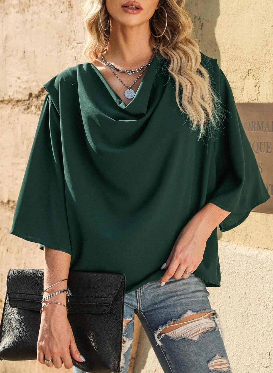 Dokotoo Womens 3/4 Sleeve V Neck Wrap Draped Front Blouses Tops - Image 4