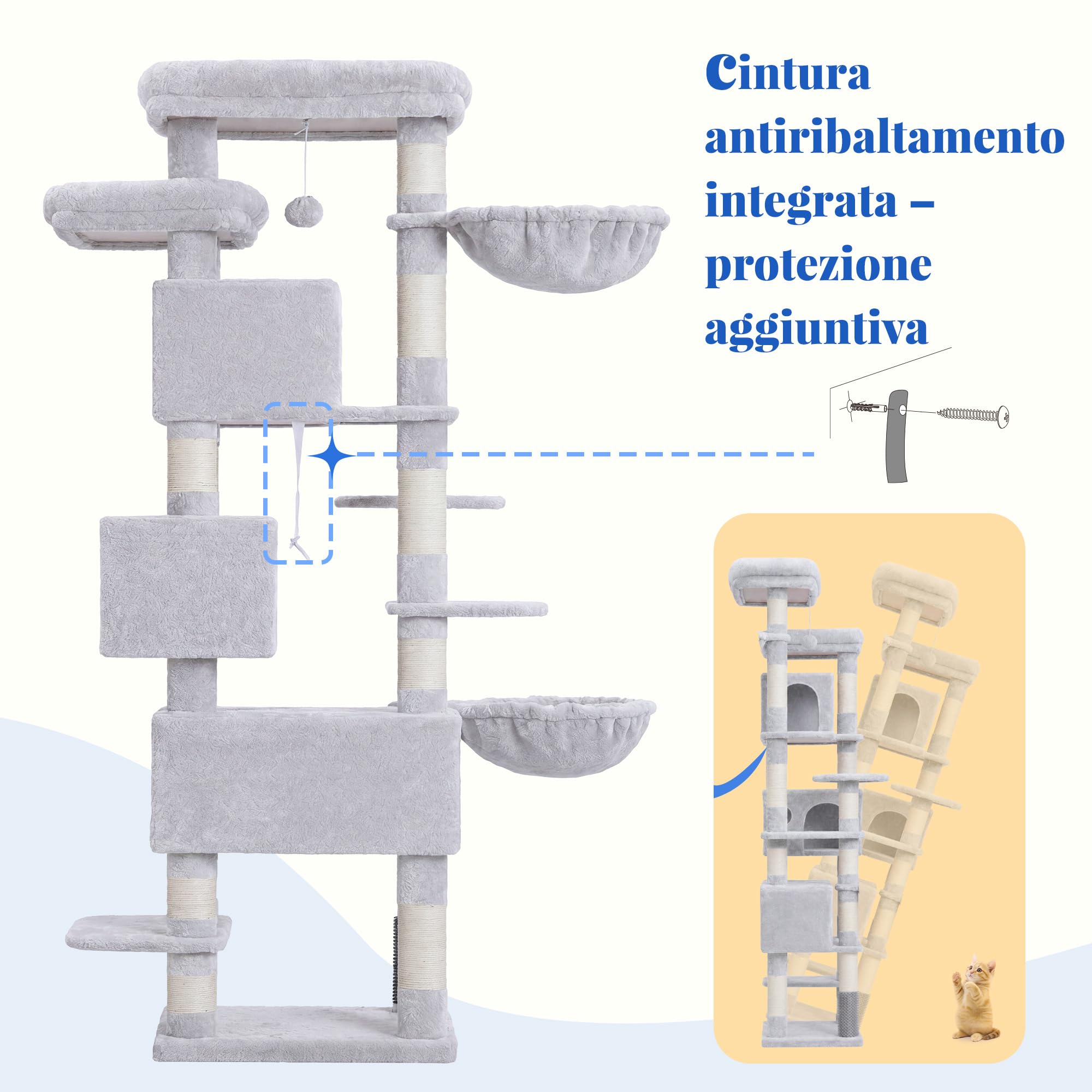 Hey-brother Tiragraffi per Gatti XXL, Albero per Gatti alto 188 cm a più livelli,Dotato di 2 Grandi Piattaforme, 2 Ceste, Palline Pelose e Colonne di Sisal per Graffiare, grigio chiaro 0EMPJ035-MW | 188cm Albero per Gatti, 2 Piattaforme, Spazzola per anim