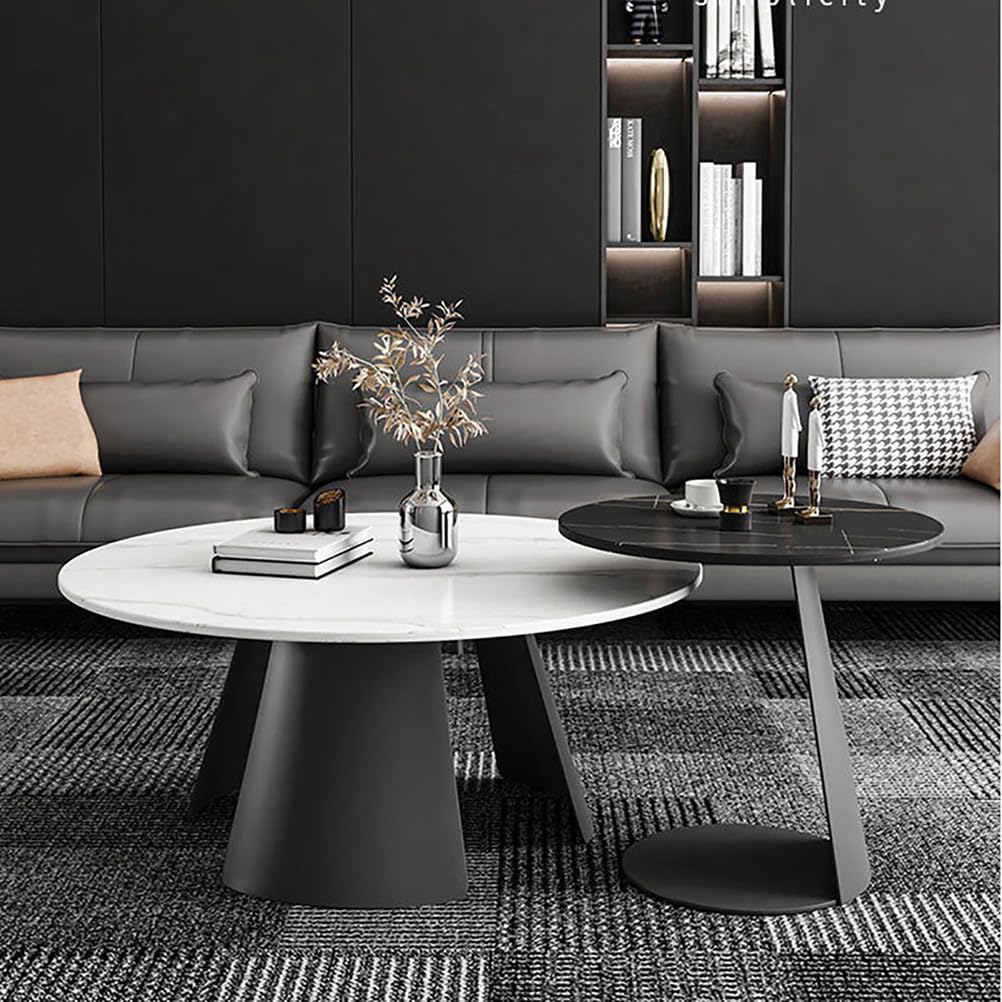 SXZenSpace Round Faux Marble Coffee Table Set of 2,Modern Nesting Center with Black Metal Legs for Living Room Home Furniture,A,80cm(31.5")+50cm(19.7")