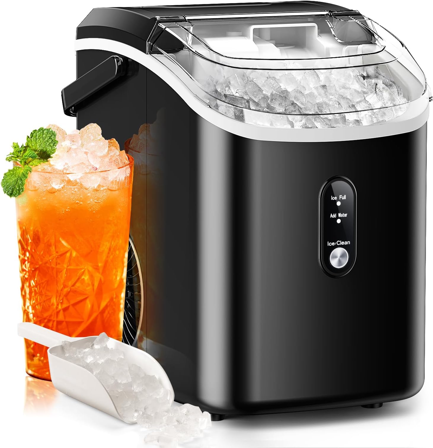 Nugget Ice Makers Countertop with Soft Chewable Pellet Ice, 7 Mins Ice Making, 35.5Lbs/24Hrs, Pebble Ice Maker Machine with Self-Cleaning/Ice Basket/Ice Scoop for Home/Office/Bar, Black