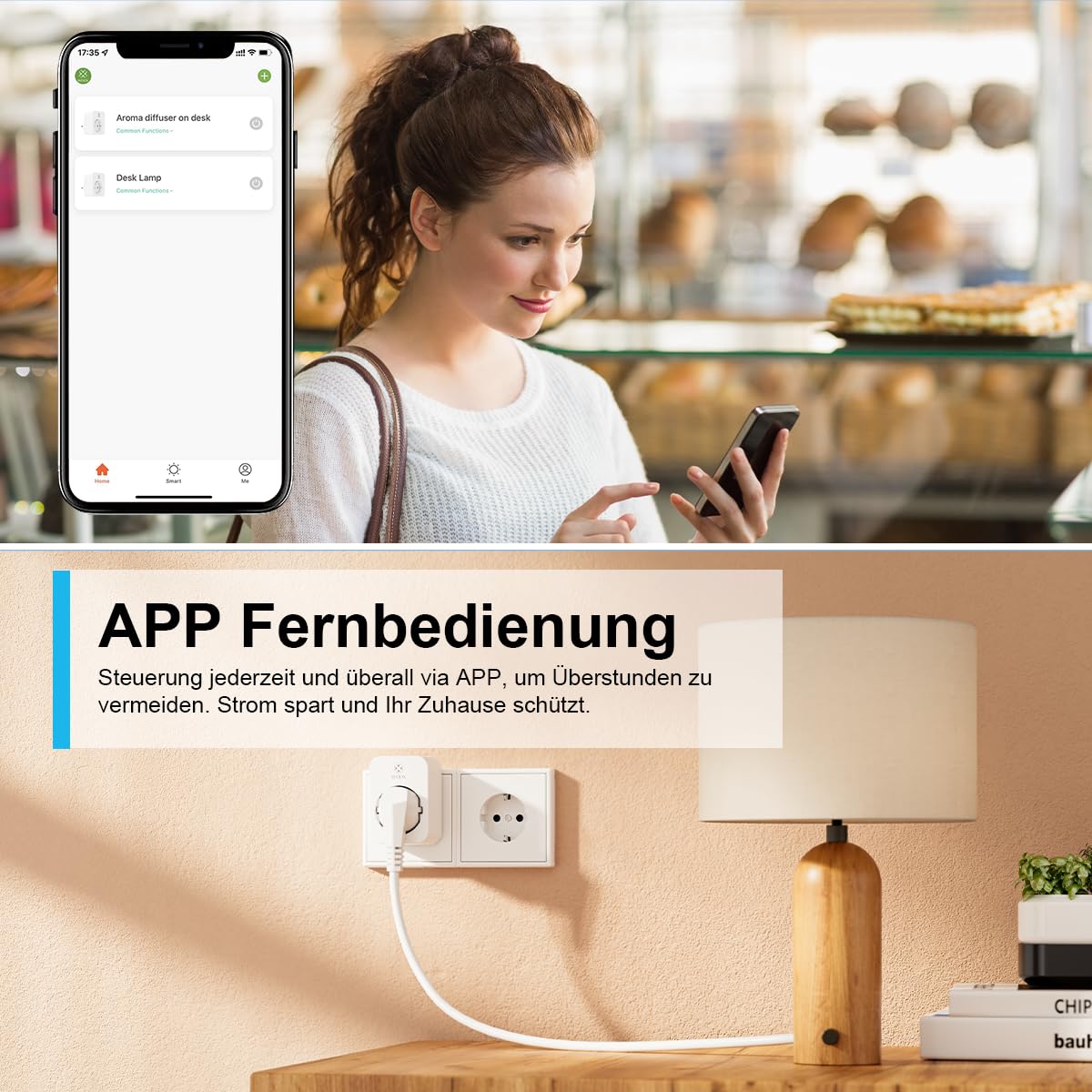 Image of a person using a smartphone to control a WOOX smart plug connected to a lamp, with the app interface visible on the phone screen.