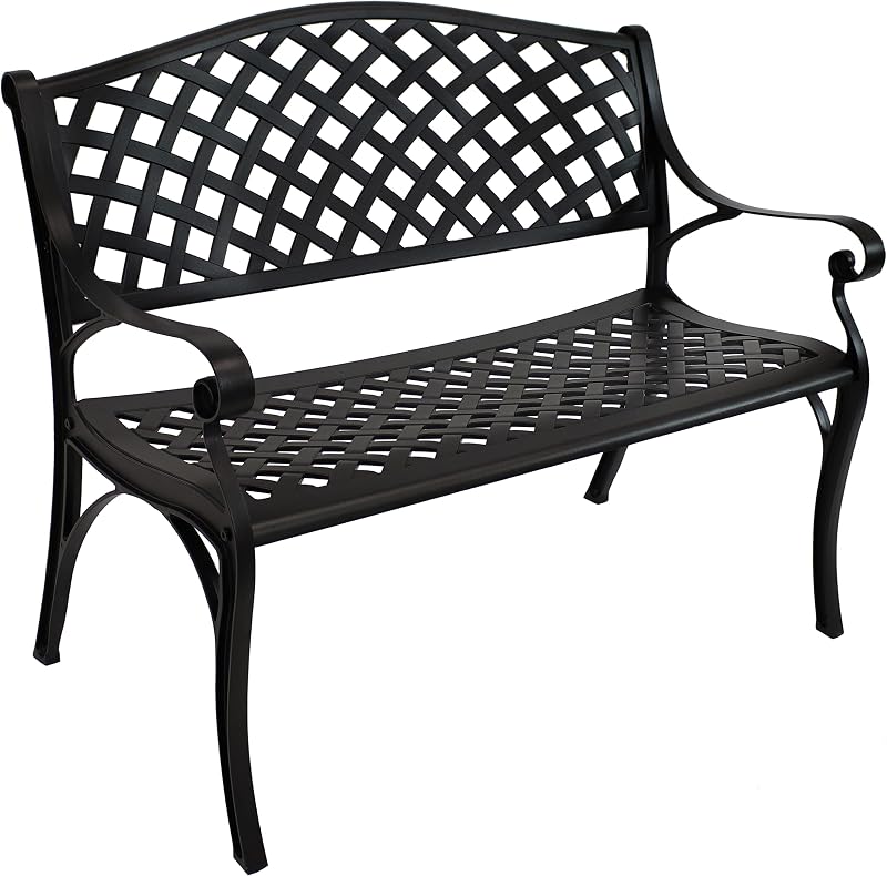 Sunnydaze Outdoor 2-Person Metal Garden Bench with Backrest, 40” W, Black | Heavy-Duty Cast Aluminum Metal Bench, Outdoor Bench Seat for Backyard, Balcony, Front Porch, or Patio, Comfortably Seats Two