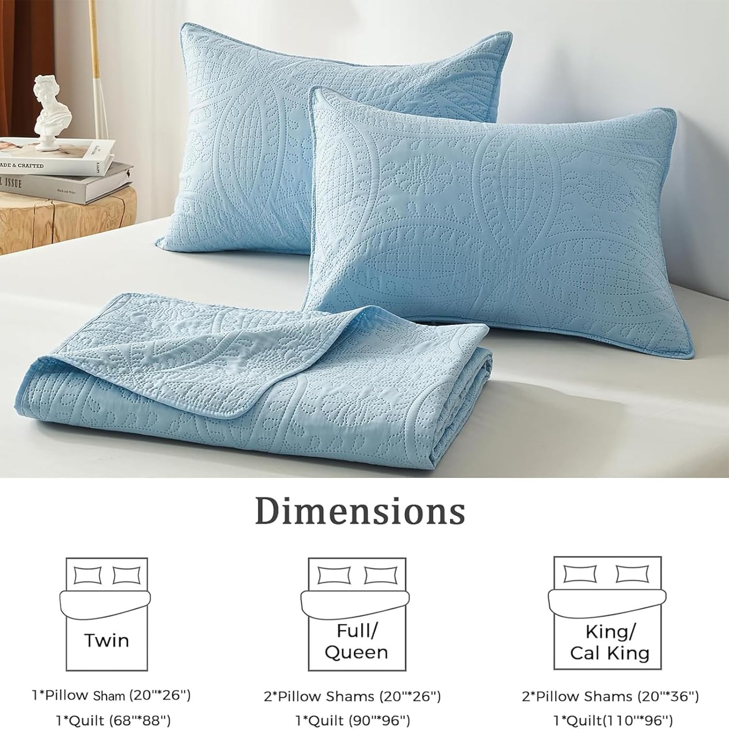 akkialla Queen Quilt Bedding Set,Sky Blue Ultrasonic Full/Queen Quilt Set,Lightweight Soft Bedspread Coverlet,Modern Style Coin Pattern Bed Cover for All Seasons,3 Piece(1 Quilt,2 Pillow Shams) - Image 6