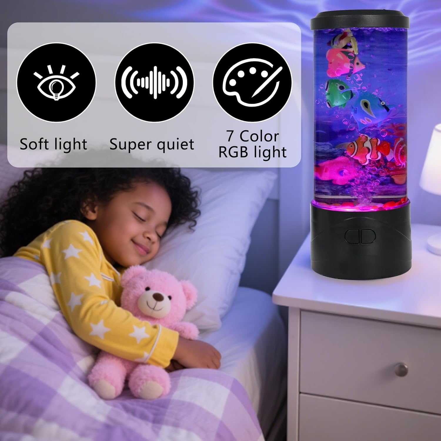 Toycol Bubble Fish Lamp 7 Fake Fish Aquarium Lamp with 7 Changing Colors LED Ocean Night Light, USB Powered, Ideal Decor for Home and Office & Excellent Gift for Kids and Adults