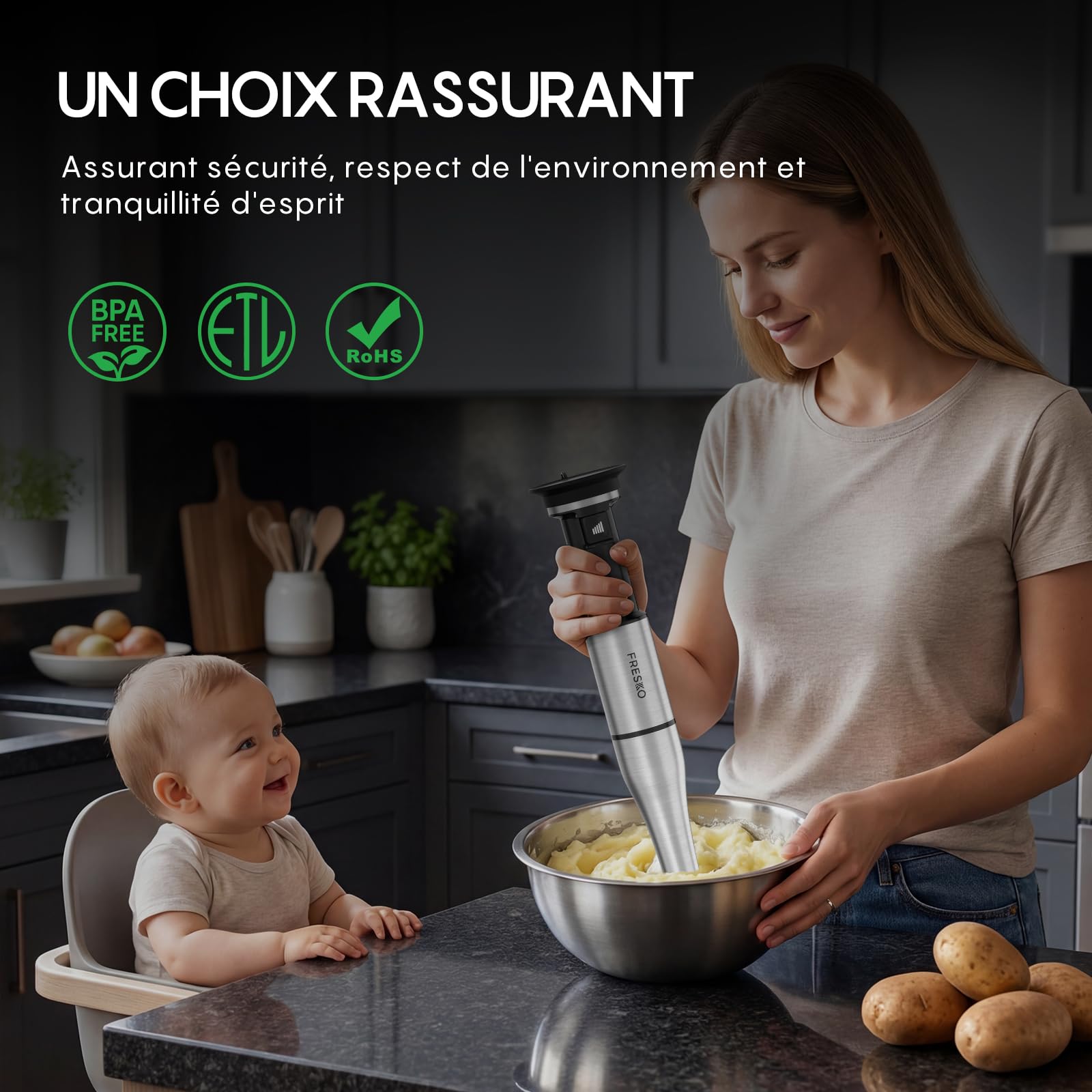 FRESKO Mixeur Plongeant 1000W avec Accessoires, Pied Mixeur Inox comprenant Fouet, Hachoir 500ml, Verre Doseur avec Couvercle & Capuchon Protecteur, Vitesses Réglables pour Smoothies, Soupes