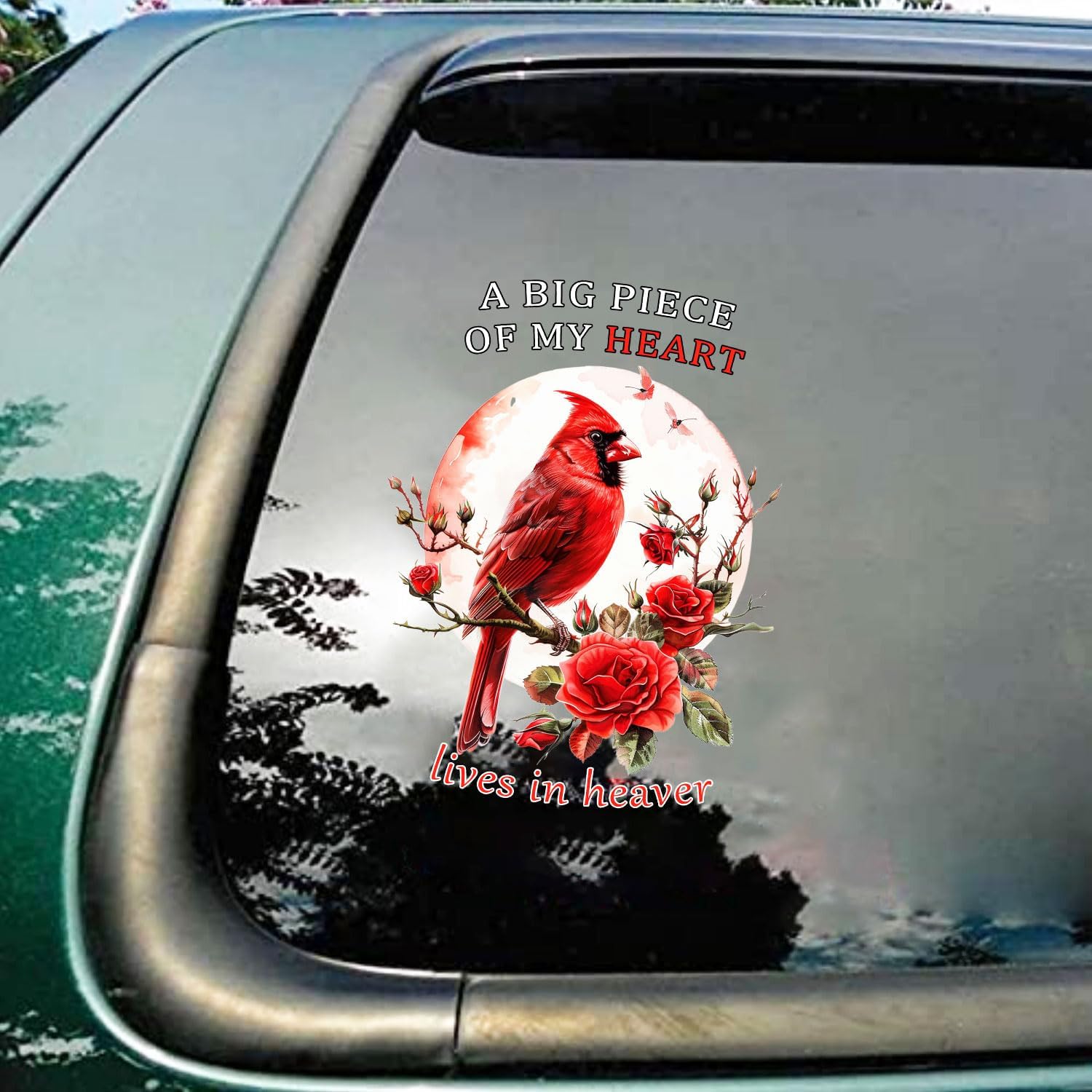 A Big Piece of My Heart Lives in Heaven,Cardinals Peace Place Roses Moon Red Bird Decal Gifts Cardinals Heaven Angels Lovers Gifts Car Window Side Rear Bumper Computer Refrigerator Stickers (A)