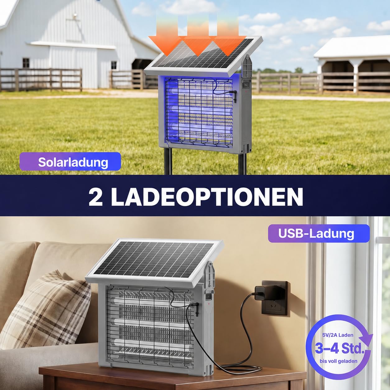 OGERY Solar Insektenvernichter für Außen, 3500V Mückenlampe, IPX4 spritzwassergeschützt, mit Auto Ein/Aus, USB-C & Solarbetrieb, für Garten, Terrasse, Garage & Camping
