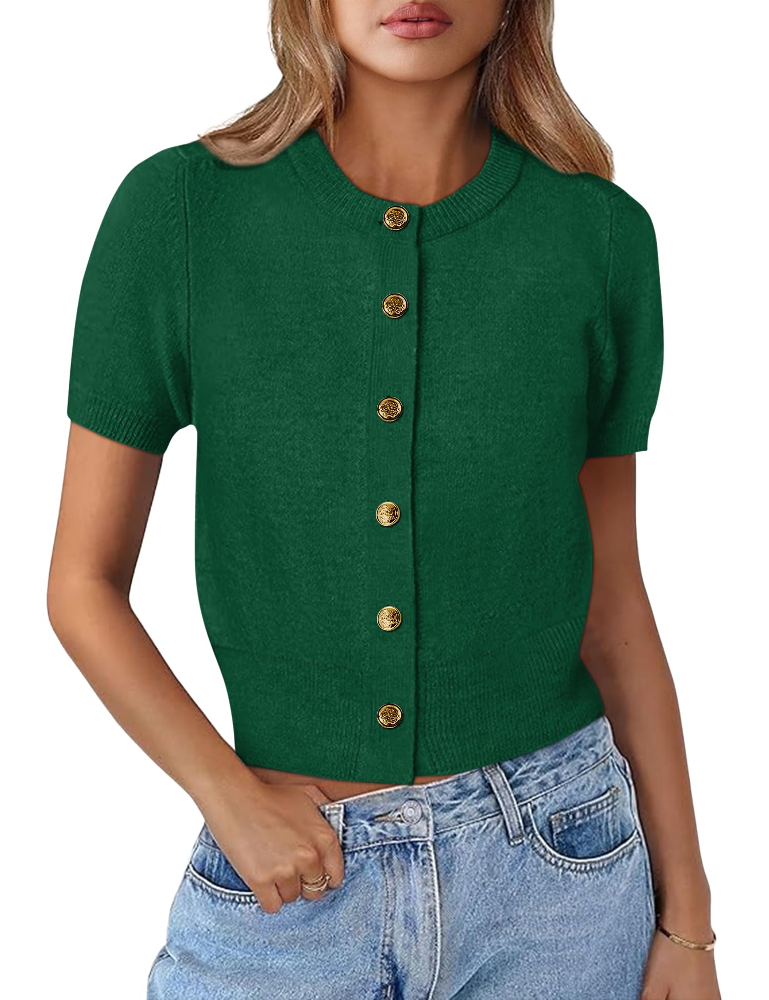 kistore Womens Summer Casual Short Sleeve Sweater Cardigan Button Down Crew Neck Knitted Crop Cardigan Tops-picture-18