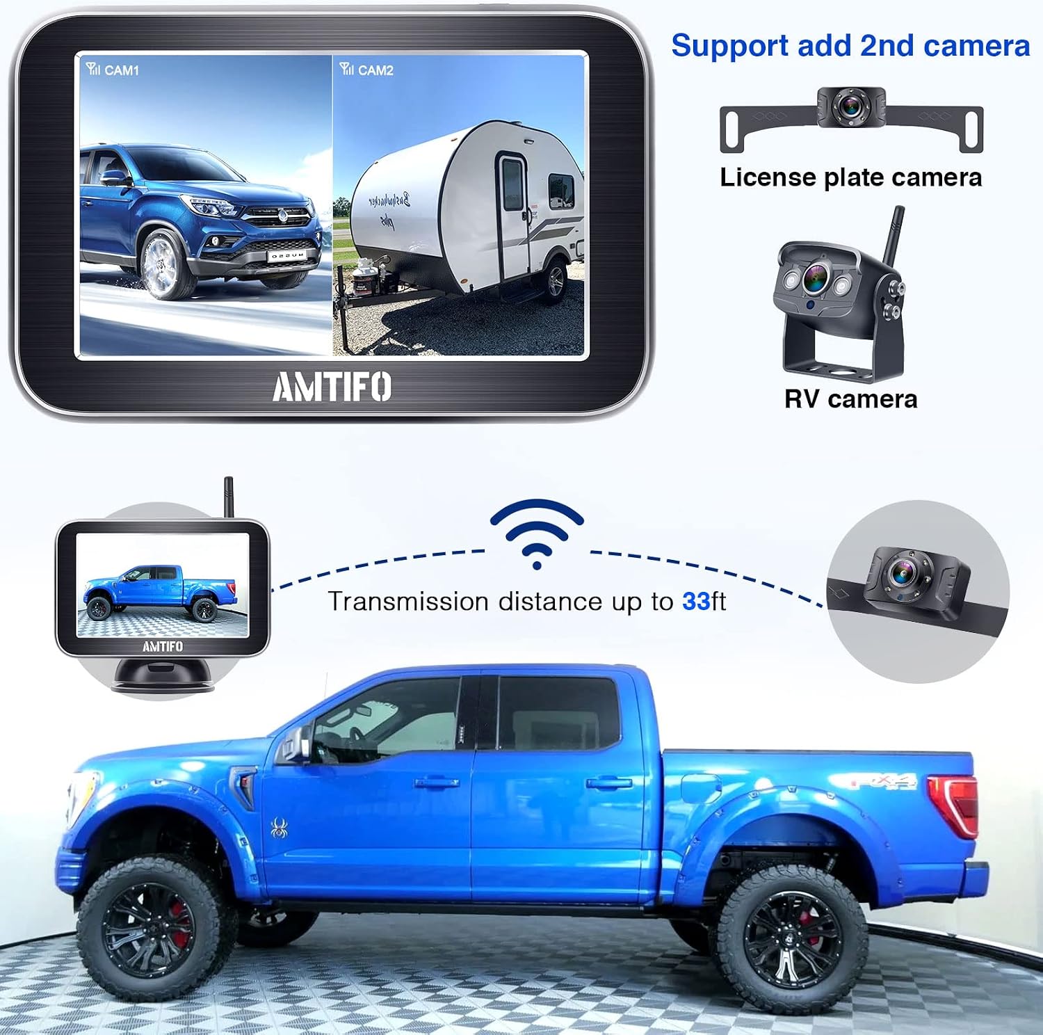 AMTIFO Wireless Backup Camera HD 1080P 5 Inch Split Screen Monitor Digital Stable Signal Car Truck RV Bluetooth License Plate Rear View Cam System 2 Channels Clear Night Vision W3