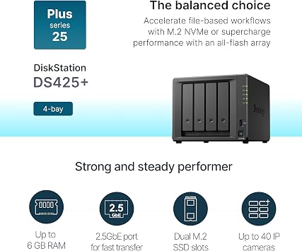 Synology DS425+ Private Cloud Media Server - Stream, Back Up & Share Files (4-Bay Diskless NAS)