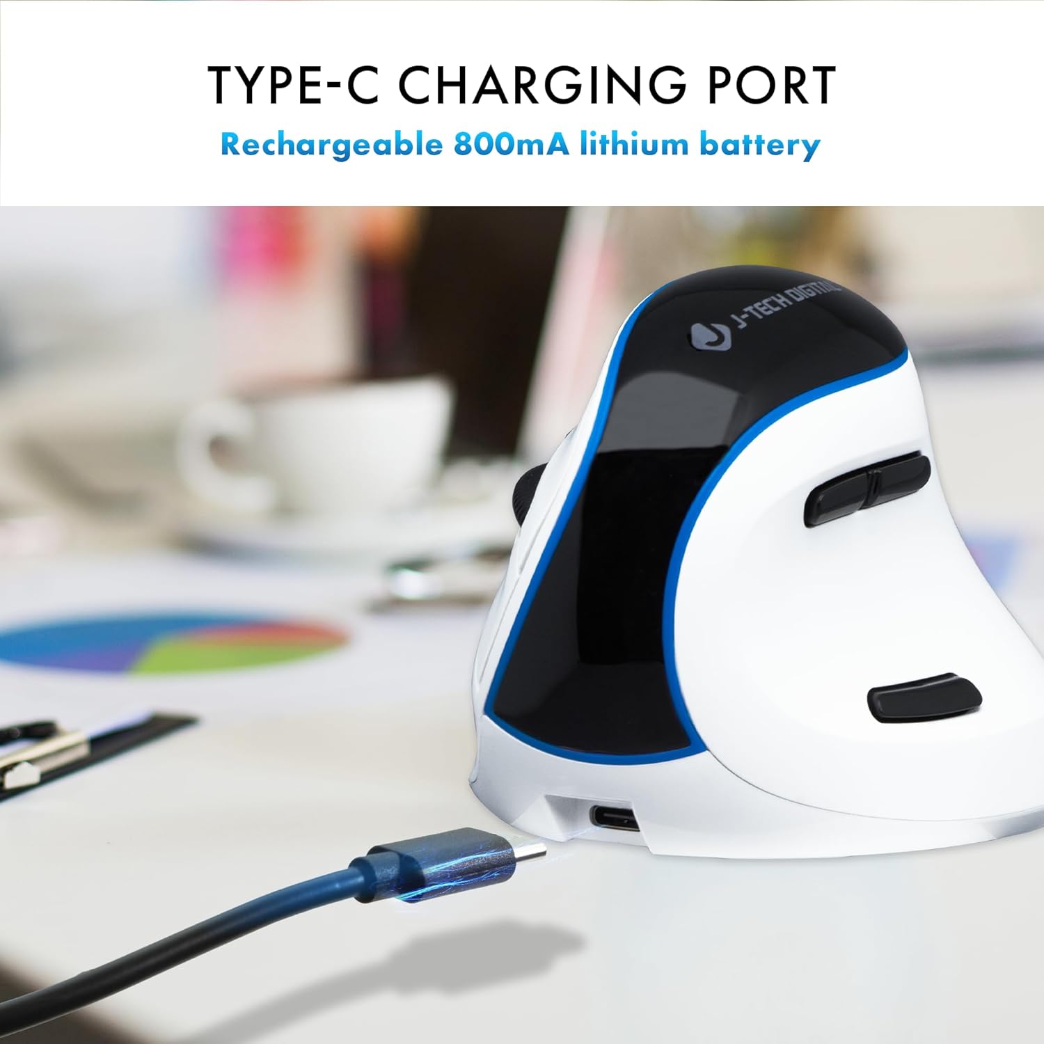 J-Tech Digital Wireless Mouse, Vertical Ergonomic Mouse with Bluetooth Dual Modes + USB Dongle + Rechargeable w/ 2.4GHz Wireless + Adjustable DPI 3200 for Laptop, Desktop, PC, Mac [V638W], White