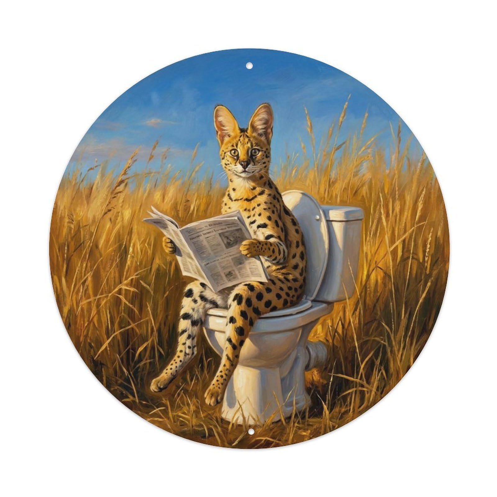 Serval On Toilet Humorous Bathroom Tall Grass Reads Metal Tin Sign